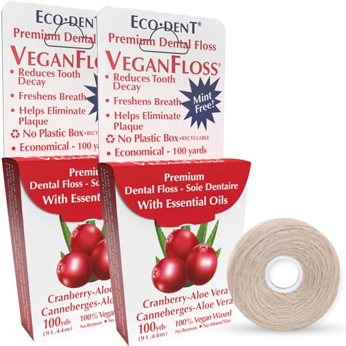 Eco-Dent VeganFloss Dental Floss - Plant-Based Wax, Recyclable Packaging, Cranberry-Aloe - 100 Yds
