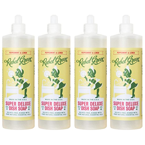 Rebel Green Dish Soap - Powerful, Natural & Hypoallergenic, Peppermint Lemon - 16oz, Pack of 4