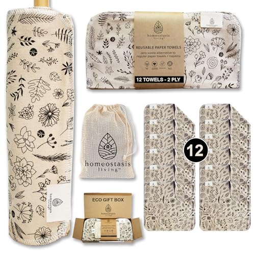 homeostasis living Reusable Paper Towels - Organic Cotton, Wash Bag Included, Ginger Beige 12 pcs