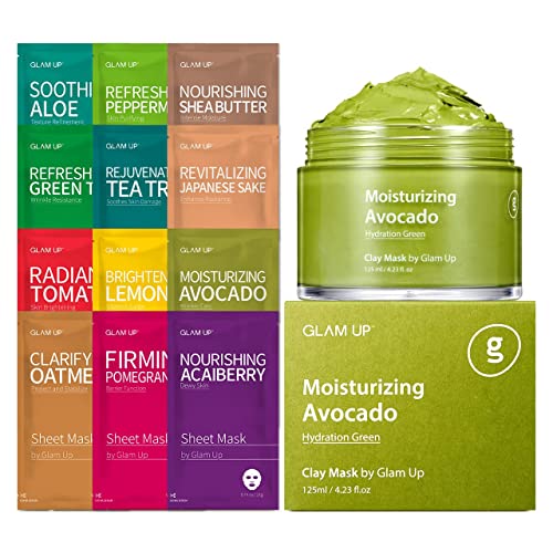 GLAM UP Face Mask Set - Hydrating, Brightening, Soothing, Cruelty-Free - 12 Pack with Avocado Clay