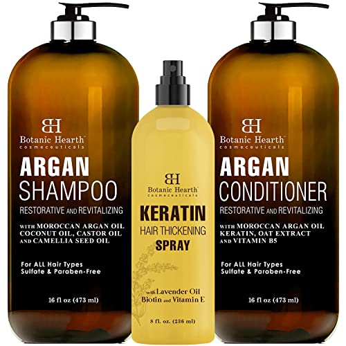 Botanic Hearth Hair Care Set - Volumizing Argan Shampoo & Conditioner, Thickening Spray - 8 & 16oz