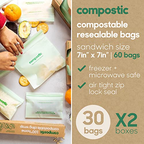 Compostic Compost Bags - 100% Compostable, Durable & Non-Toxic, 60 Resealable Sandwich & Gallon Bags