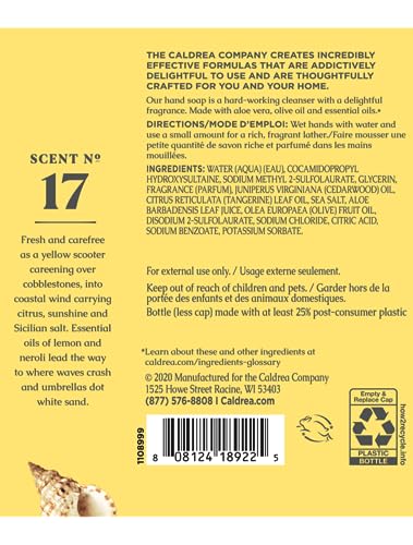 Caldrea Hand Soap Refill - Gentle Cleanser with Aloe Vera, Olive Oil & Sea Salt Neroli - 32oz