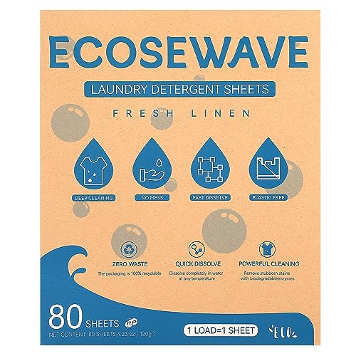 EcoseWave Laundry Detergent Sheets - Powerful Stain Removal, Hypoallergenic, Fresh Linen - 80 Sheets