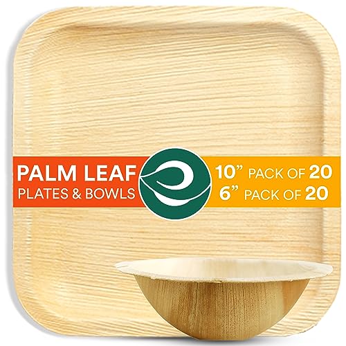 EcoSoul Dinnerware Set - Sturdy Palm Leaf Plates & Bowls, PFAS-Free, 40 Count