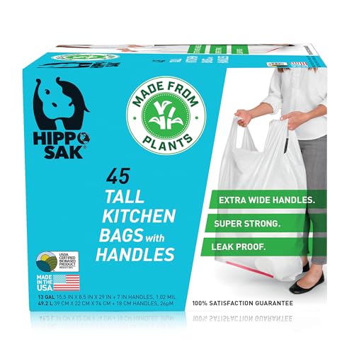 Hippo Sak Tall Kitchen Trash Bags - Strong, Ergonomic, USDA Certified - 13 Gallon, 45 Count