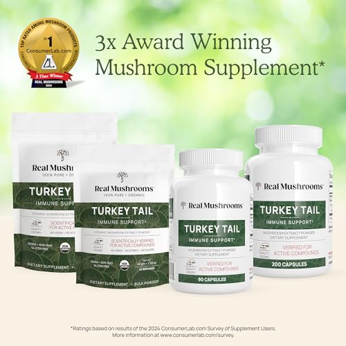 Real Mushrooms Turkey Tail Capsules - Immune & Gut Support, 100% Organic Mushroom Extract - 90 Caps