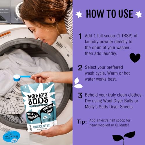 Molly's Suds Laundry Detergent - Natural Stain Fighter for Sensitive Skin, Lavender - 120 Loads