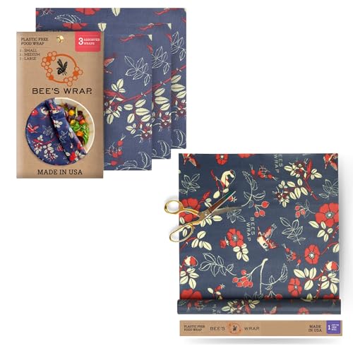 Bee's Wrap Reusable Food Wraps Bundle - All-Natural, Organic Cotton, Versatile Sizes - 3 Pack + Roll