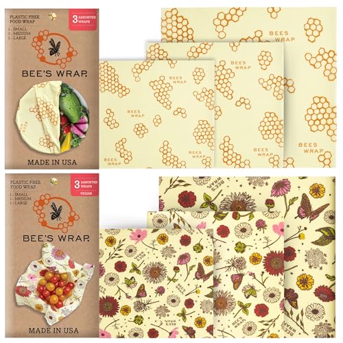 Bee's Wrap Reusable Beeswax Food Wraps - Natural Freshness, Organic Cotton, 3 Assorted Sizes