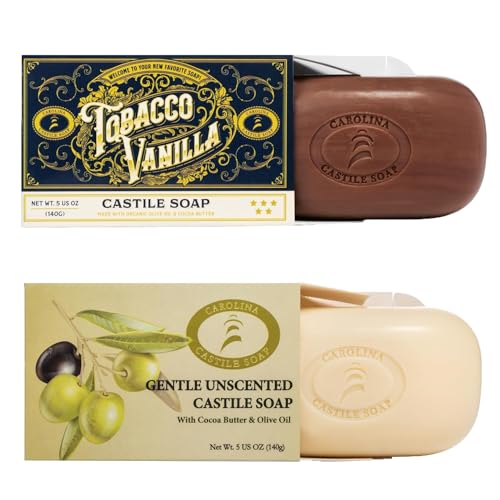 Carolina Castile Body Soap - Long-Lasting, Natural Oils for Sensitive Skin - 6 Bars, Tobacco Vanilla