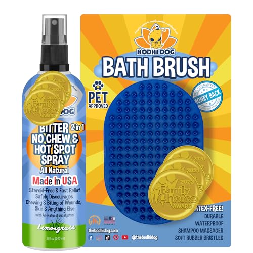Bodhi Dog Pet Grooming Set - No Chew & Hot Spot Spray, Gentle Rubber Brush for Healthy Coat - 8oz