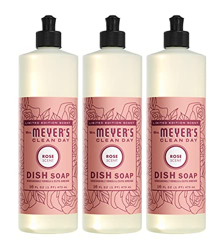 Mrs. Meyer's Clean Day Dish Soap - Plant-Derived Grease Cutter, Limited Edition Rose - 16oz, 3-Pack