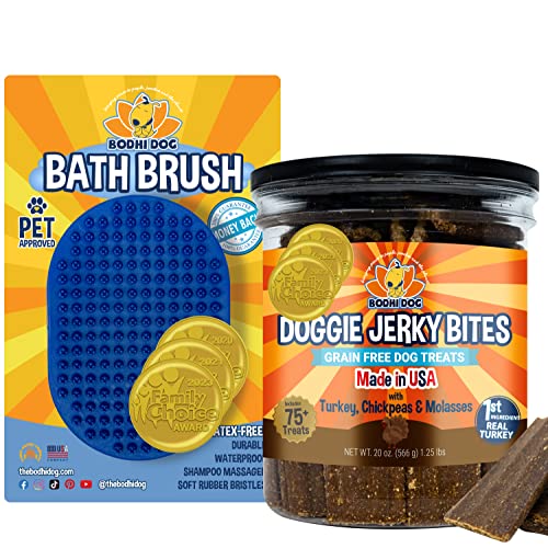 Bodhi Dog Grooming Set - Gentle Rubber Brush & Healthy Turkey Jerky Treats - Bath & Grooming