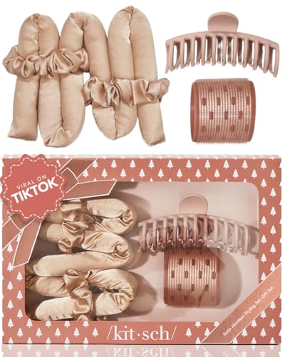 Kitsch Satin Heatless Curl Set - Voluminous Curls, No Hair Damage - 5pc, Champagne