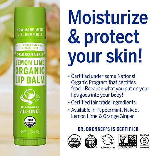 Dr. Bronner's Organic Lip Balm - Soothing Moisture with Beeswax & Jojoba Oil - Lemon Lime, 6-Pack