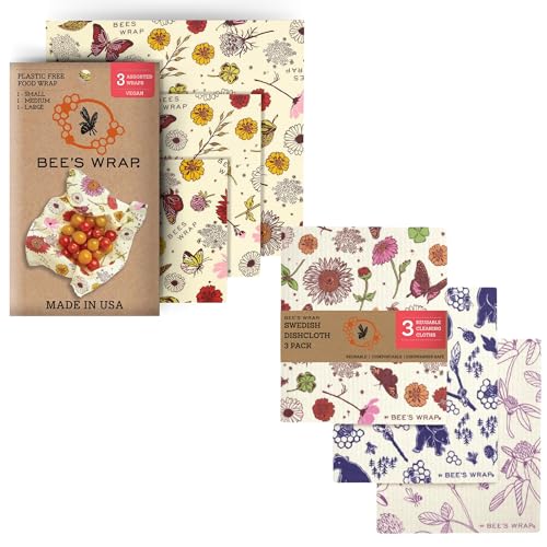 Bee's Wrap Reusable Food Storage Bundle - Vegan Wraps & Swedish Dish Cloths, Meadow Magic - 3 Pack