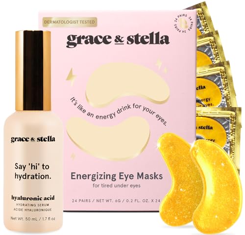 grace & stella Eye Mask Bundle - Hydrating Gold Masks + Hyaluronic Acid Serum - 24 Pairs, 1.7 fl oz