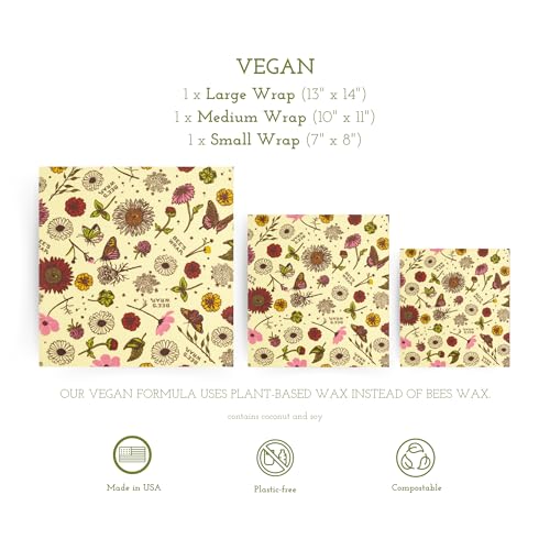 Bee's Wrap Reusable Vegan Food Wraps - Organic, Toxin-Free, 3 Sizes for Fresh Food Storage