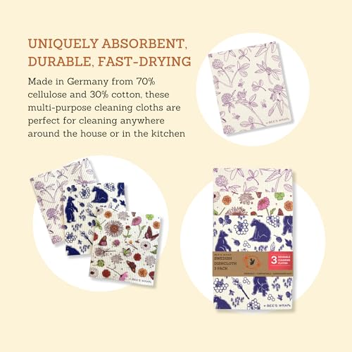 Bee's Wrap Reusable Food Wraps Bundle - Absorbent Dish Towels & Compostable Cloths - 3 Pack