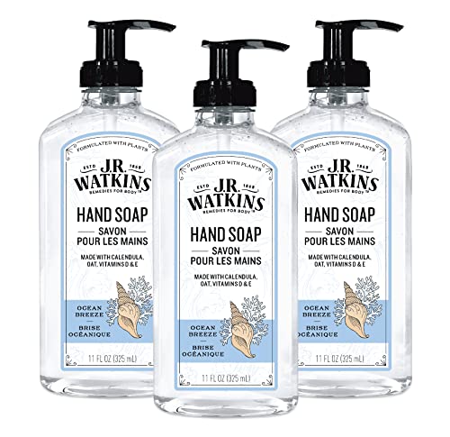 J.R. Watkins Hand Soap with Dispenser - Moisturizing, Alcohol-Free, Ocean Breeze - 11 Fl Oz, 3 Pack