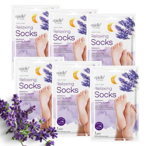 Epielle Relaxing Foot Masks - Deep Moisturizing with Melatonin & Lavender, 100% Vegan - 6 Socks