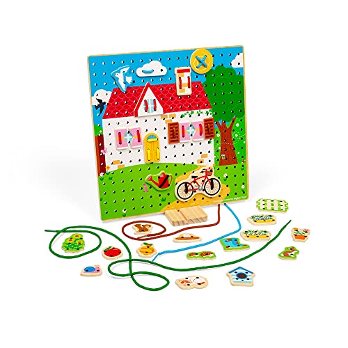 Bigjigs Toys Toddler Puzzle - Develops Fine Motor Skills, Safe Materials - 30 Shapes, 6 Laces