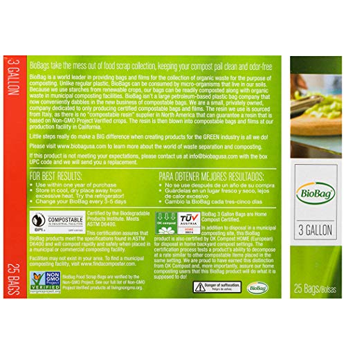 BioBag Compostable Food Scrap Bags - Certified Non-GMO, Strong & Breathable - 3 Gallon, 25 Count