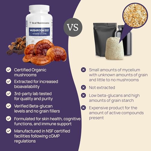 Real Mushrooms Zinc Supplement - Immune Support with Vitamin D2, Chaga & Reishi - 120ct