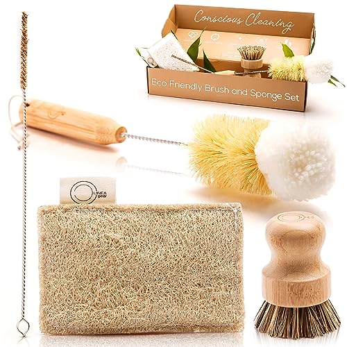 Bamboo Cleaning Essentials Set - Biodegradable Brushes for Dishes & Bottles - 5-Piece Kit