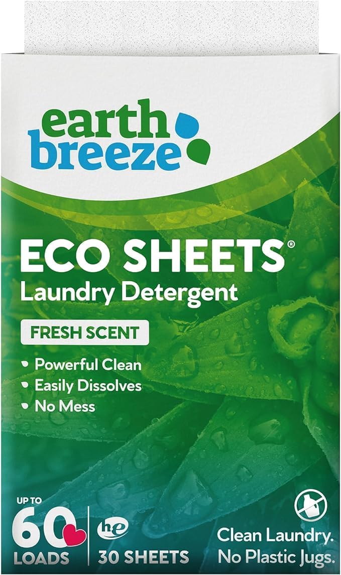Earth Breeze Laundry Detergent Sheets - Fresh Scent, Hypoallergenic, 60 Loads, 30 Sheets