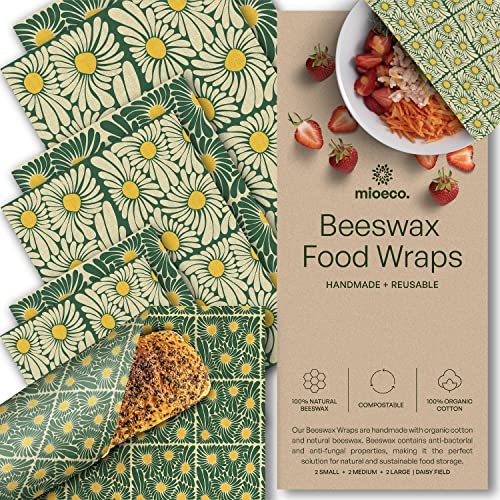 Mioeco Organic Beeswax Food Wraps - Freshness Seal, Natural Ingredients, Assorted Sizes - 6 Pack