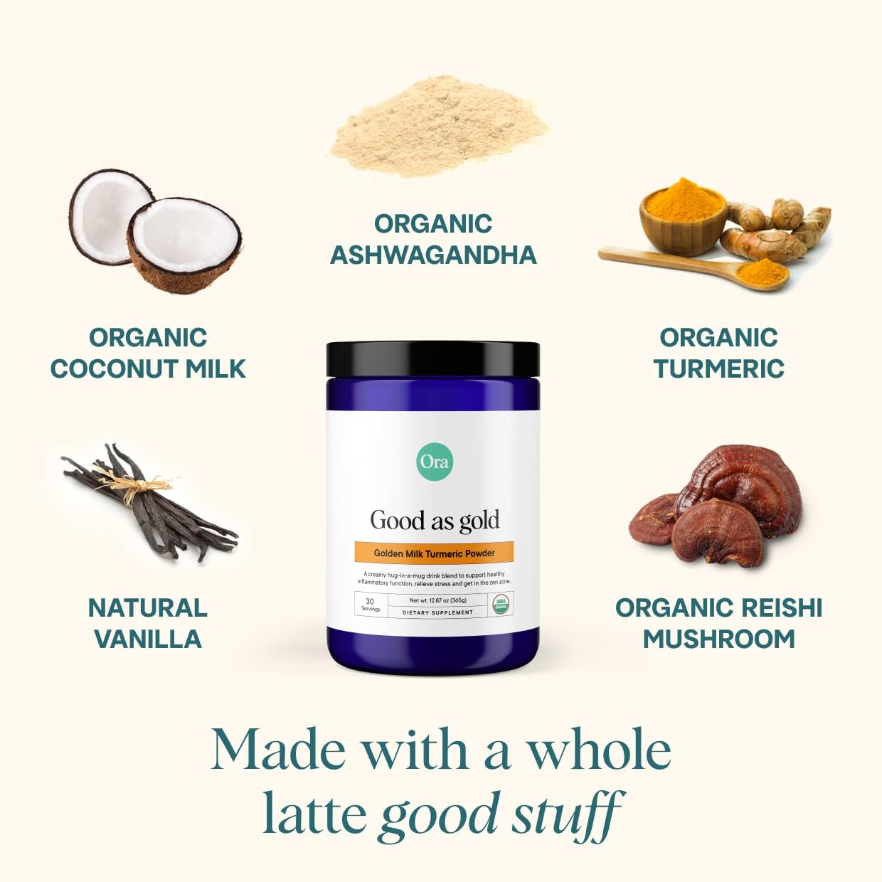 Ora Organic Golden Milk Powder - Supports Inflammation Response, Vegan, Gluten-Free - 30 Servings