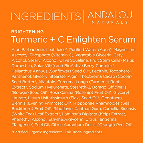 Andalou Naturals Face Serum - Brightens Skin Tone, Anti-Aging with Vitamin C & Turmeric - 1.1 Fl Oz