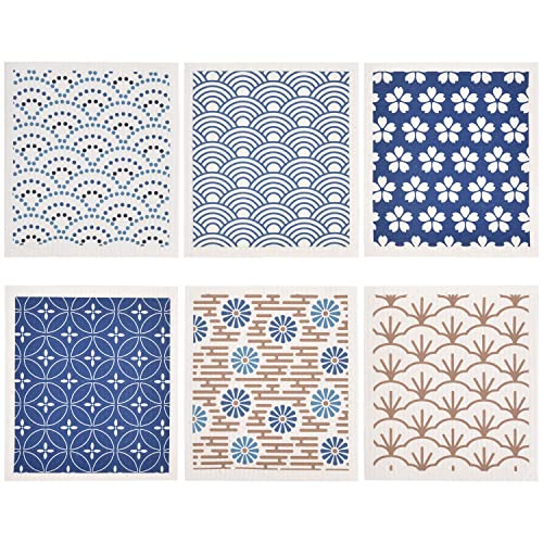 Three Oaks Swedish Dish Cloths - Strong Absorbent, Biodegradable, 6 Japan Art Patterns