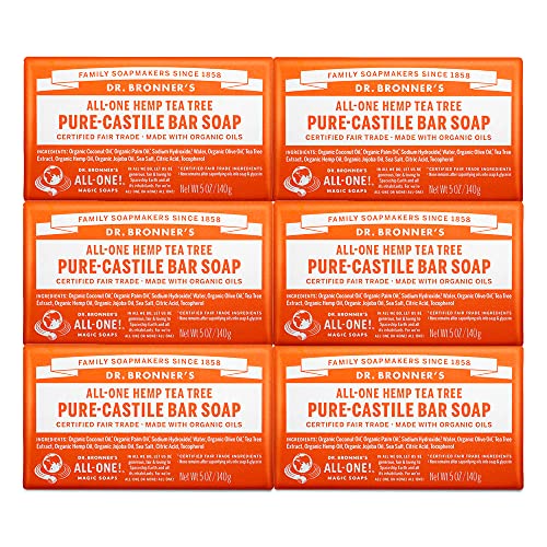 Dr. Bronner's Pure-Castile Bar Soap - Moisturizing Organic Oils for Face, Body, Hair - 5oz, 6-Pack
