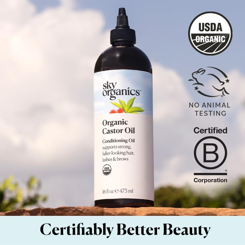 Sky Organics Castor Oil - Nourishing for Hair, Skin & Lashes, USDA Organic, Hexane-Free - 16 fl oz