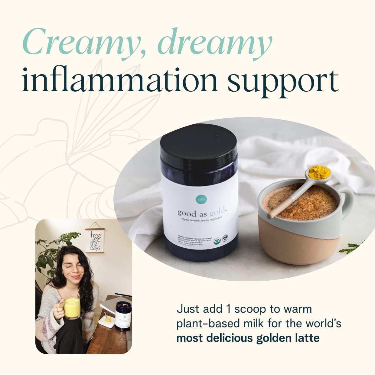 Ora Organic Golden Milk Powder - Supports Inflammation Response, Vegan, Gluten-Free - 30 Servings