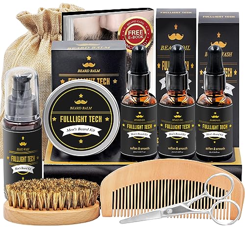 FULLLIGHT TECH Men's Beard Grooming Set - Softening Oils, Balm, Brush, Scissors - Premium Kit