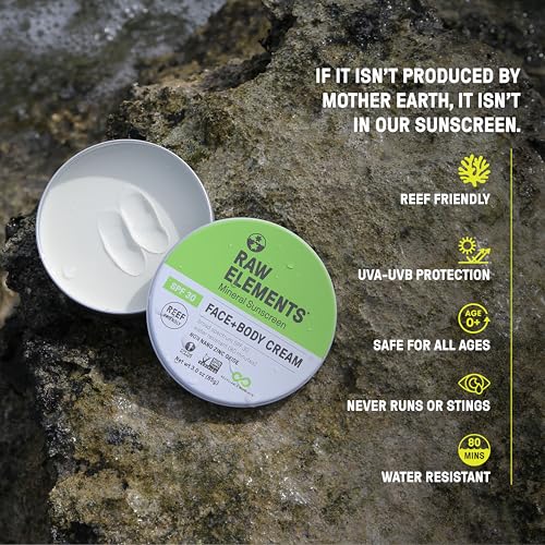 Raw Elements Mineral Sunscreen SPF 30 - Non-Toxic, Reef Safe, Water Resistant - 3oz Tin