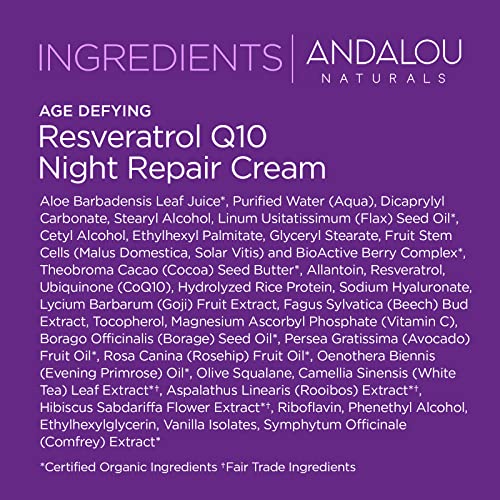 Andalou Naturals Resveratrol Q10 Night Cream - Revitalizes Dry Skin, Reduces Fine Lines - 1.7oz