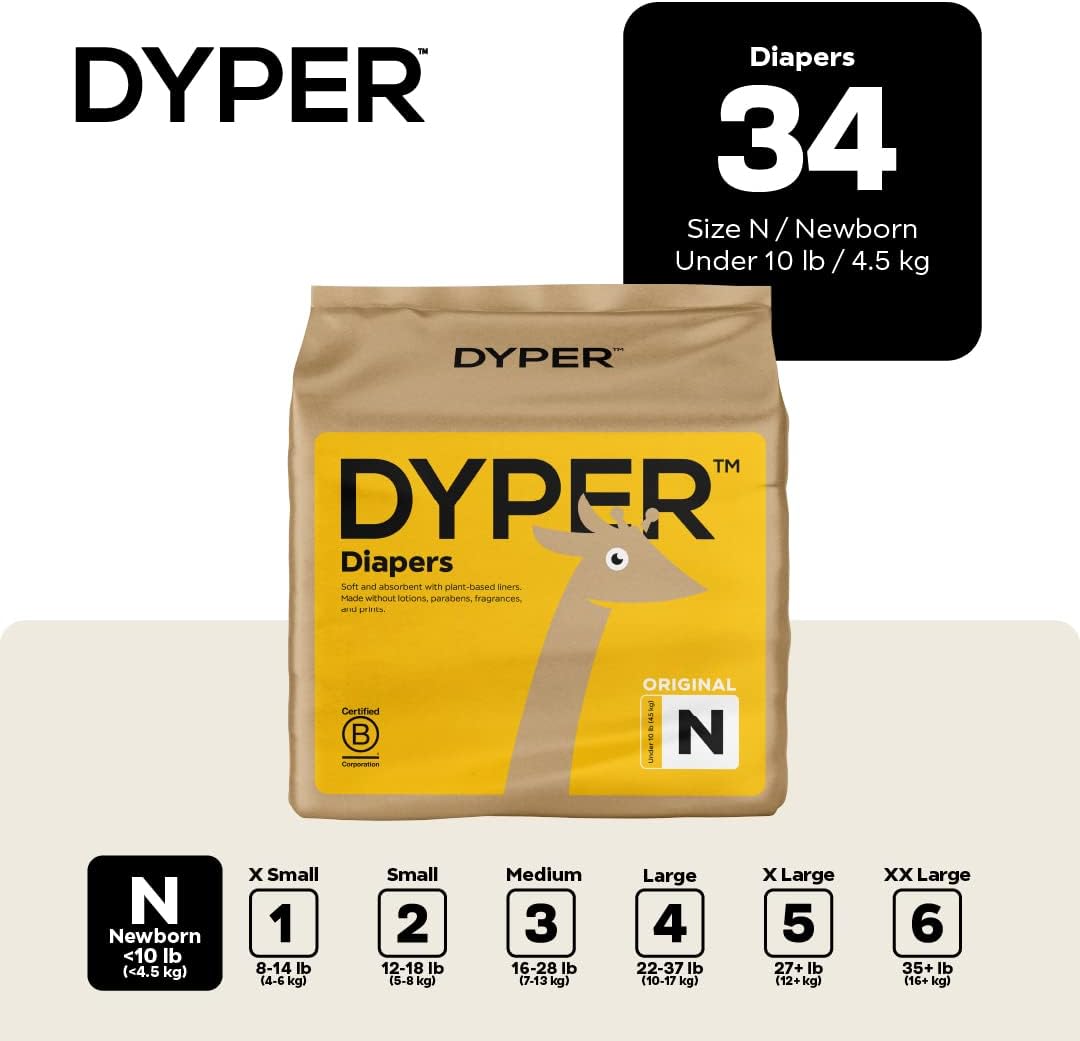 DYPER Baby Diapers - Plant-Based, Hypoallergenic, Soft & Absorbent, Size Newborn - 34 Count