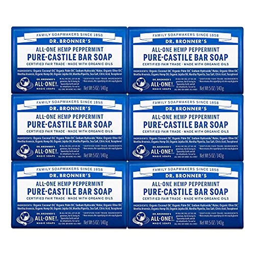 Dr. Bronner's Pure-Castile Bar Soap - Moisturizing Organic Oils, Vegan, Biodegradable - 6-Pack, 5oz