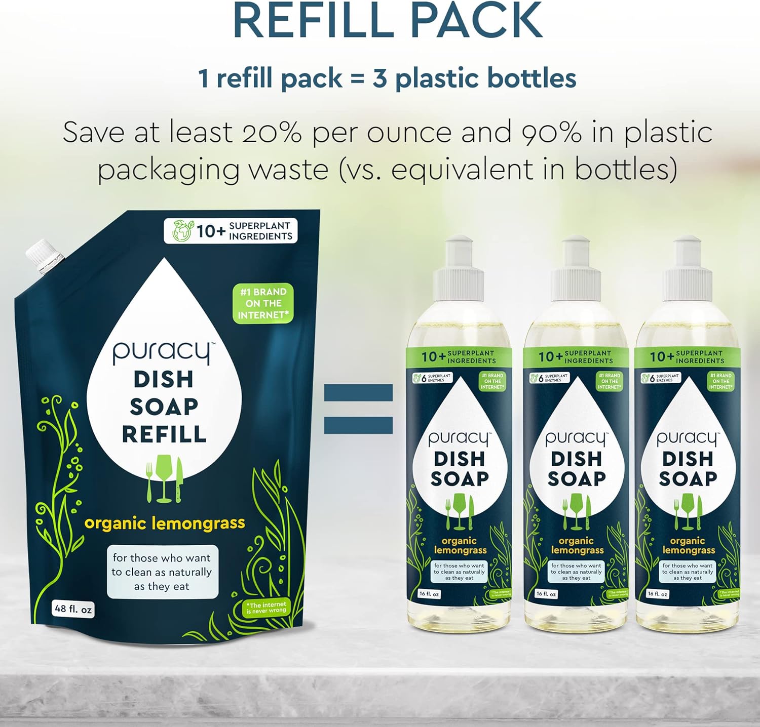 Puracy Dish Soap Refill - Skin-Softening Plant-Based Formula, Organic Lemongrass - 48oz