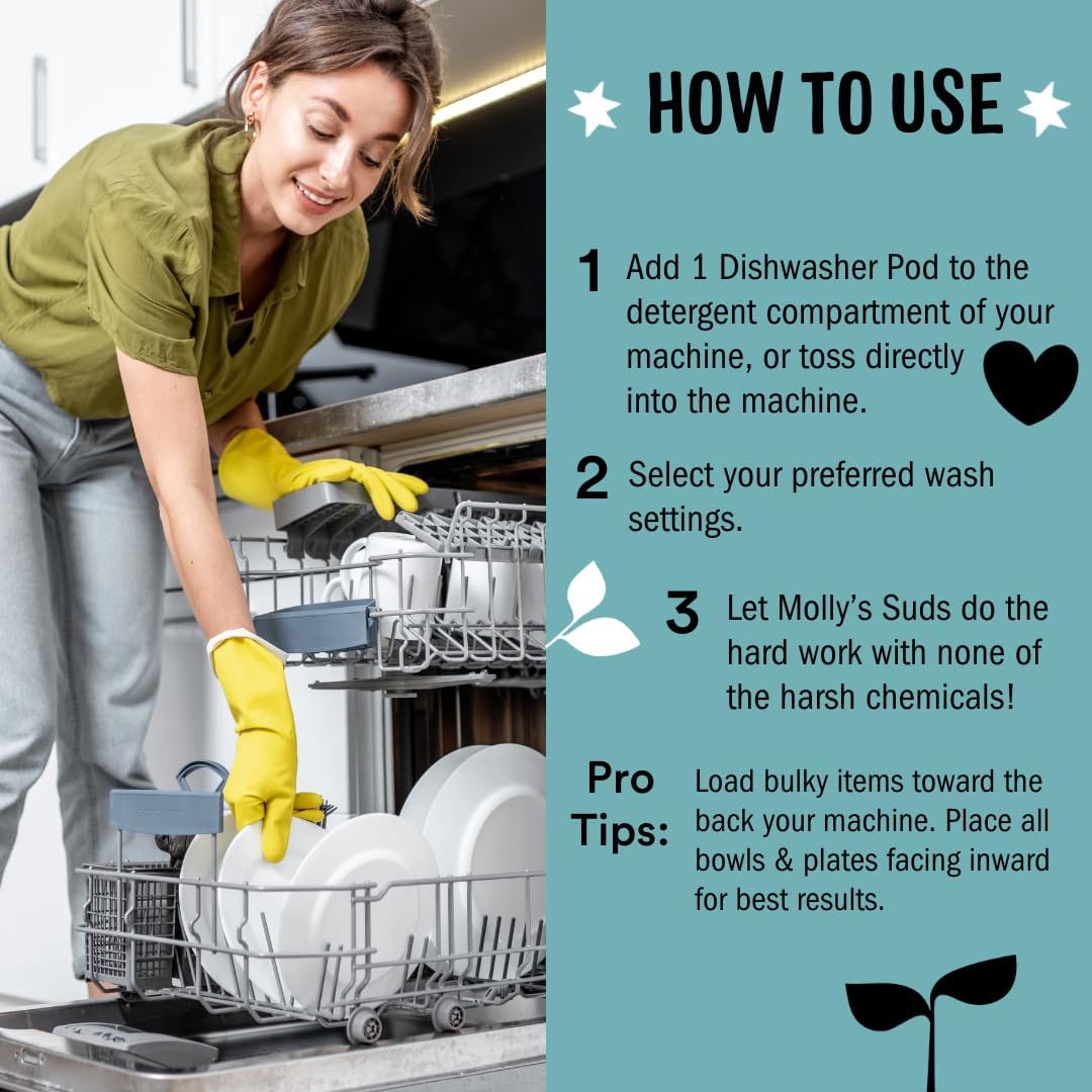 Molly's Suds Dishwasher Pods - Natural Grease Cutter, Residue-Free Clean, Hypoallergenic - 60 Tabs