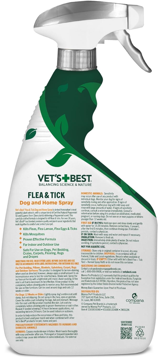 Vet's Best Dog Flea & Tick Spray - Natural Plant-Based Protection, Safe for Home & Pets - 32oz