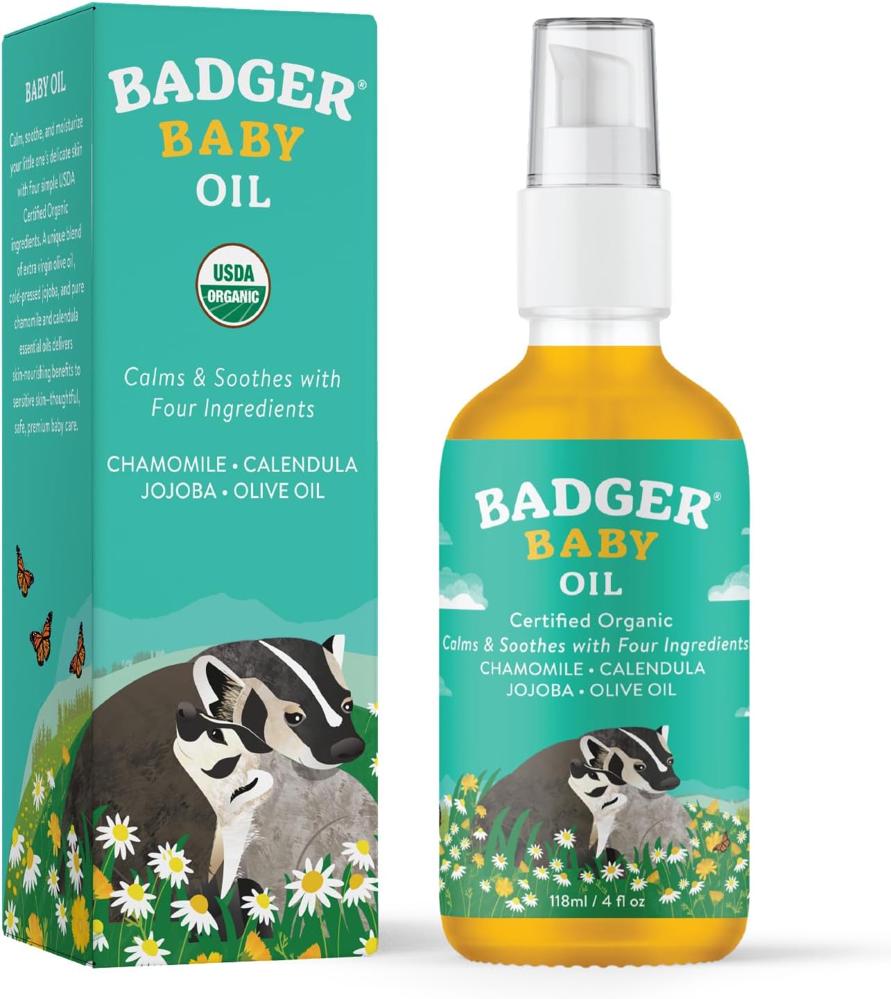 Badger Baby Oil - Soothes Dry Skin & Cradle Cap, Organic Ingredients, 4 fl oz Glass Bottle