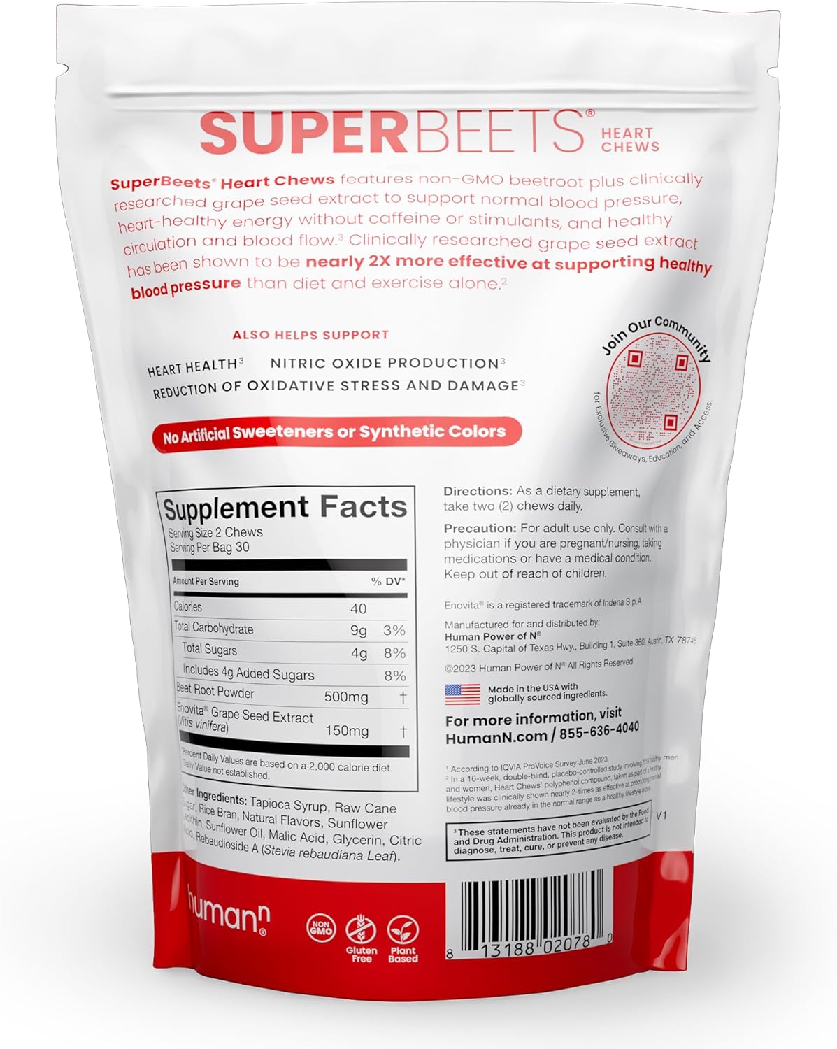 humanN SuperBeets Heart Chews - Blood Pressure & Energy Support, Grape Seed Extract - 60 Count