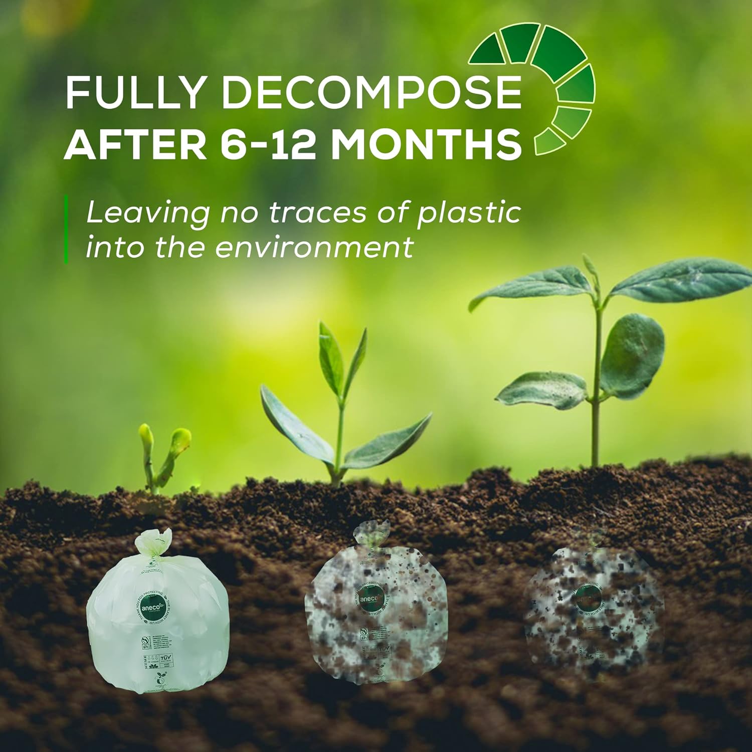 ANECO Compostable Trash Bags - Extra Thick, 100% Plastic-Free, 2.6 Gallon, 100 Count