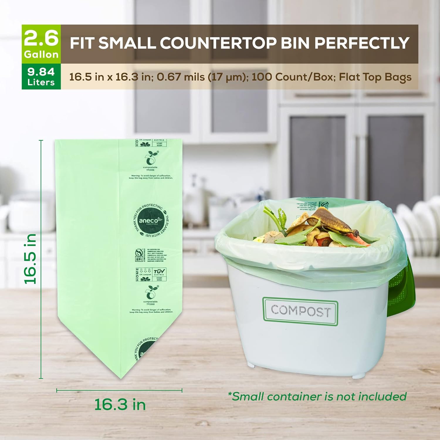 ANECO Compostable Trash Bags - Extra Thick, 100% Plastic-Free, 2.6 Gallon, 100 Count